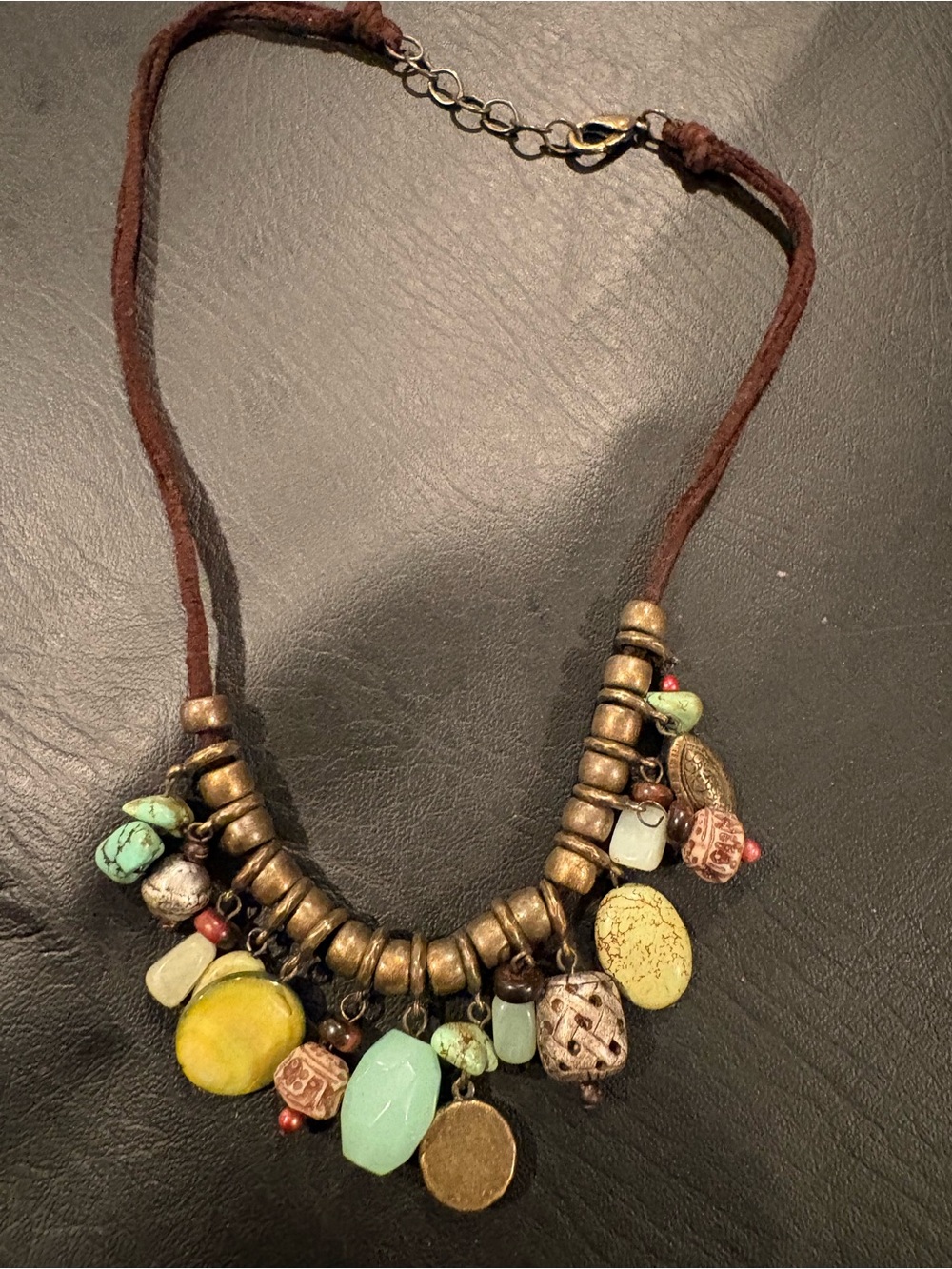Boho Multi-Charm Brown Cord Necklace with Turquoise & Yellow Accents